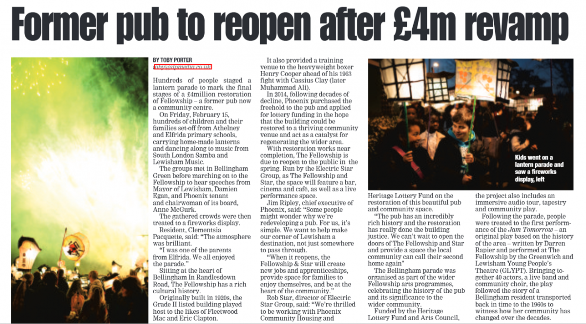 Clipping from the South London Press reading 'Former pub to reopen after £4m revamp'
