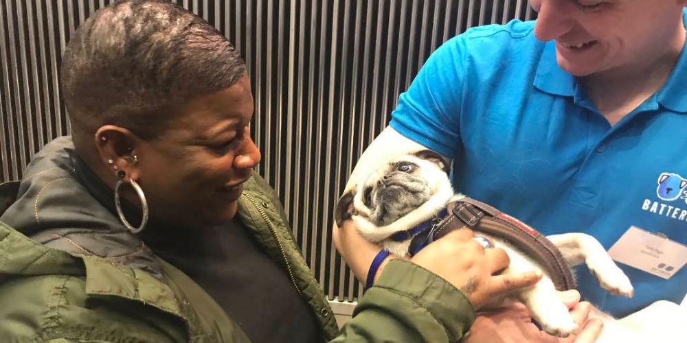 Housing Officer Veronica meets a pug rehomed by Battersea 